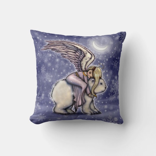 Peaceful Winter Night Angel and Polar Bear Art Cushion (Front)
