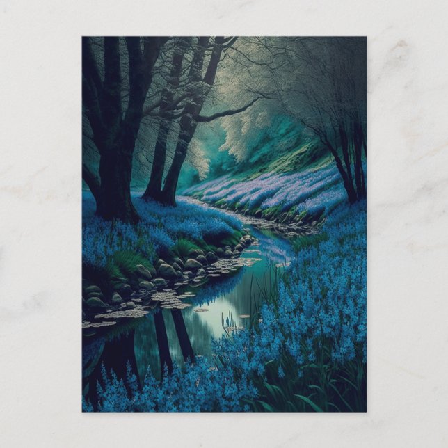 Peaceful Woodland River with Wild Bluebells Postcard (Front)