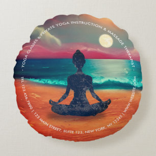 Peaceful Yoga Meditation Moonlight Sky Ocean Beach Round Cushion