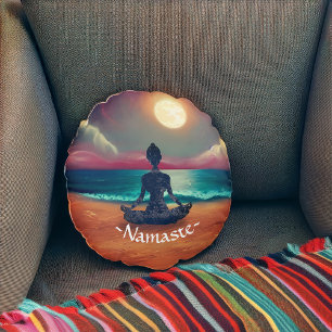 Peaceful Yoga Meditation Moonlight Sky Ocean Beach Round Cushion
