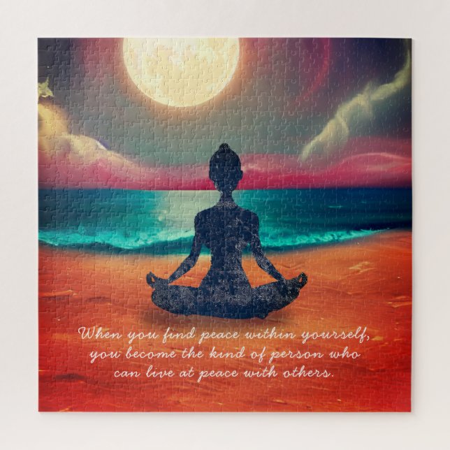Peaceful Yoga Meditation Moonlight Sky Ocean Quote Jigsaw Puzzle (Vertical)