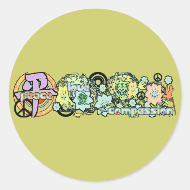 peacelovecompassion classic round sticker (Front)