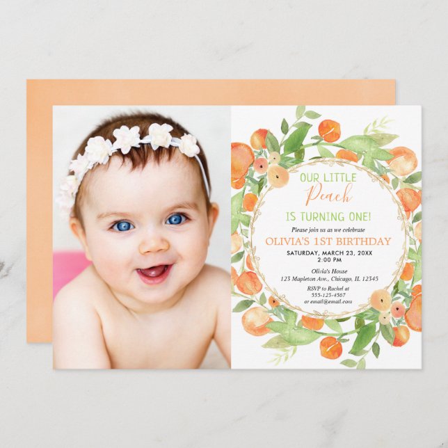 Peach 1st birthday girl, peaches theme photo invitation (Front/Back)