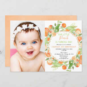 Peach 1st birthday girl, peaches theme photo invitation