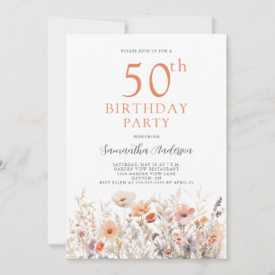 Peach 50th Birthday Floral  Invitation