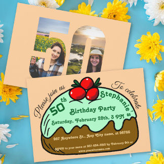 Peach 50th Birthday Party Chocolate Doughnut Desse Invitation