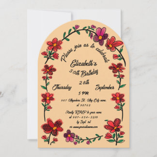 Peach 50th Birthday Party Whimsical Doodle Flowers Invitation