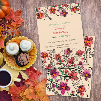 Peach 60th Birthday Spring Unique Doodle Flowers  Invitation