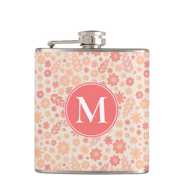 Peach Airy Wildflower Meadow Pattern Hip Flask (Front)