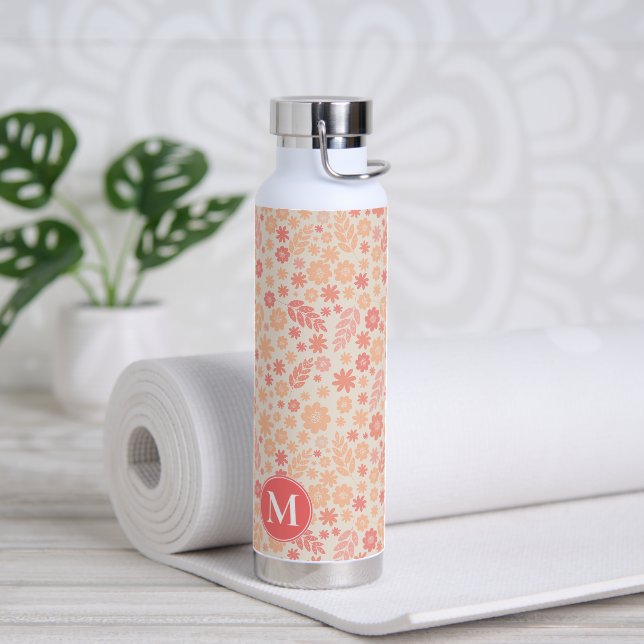 Peach Airy Wildflower Meadow Pattern & Monogram Water Bottle (Yoga)