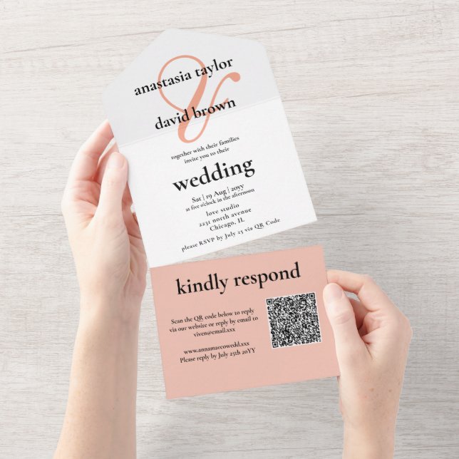 Peach Ampersand QR Code   All In One Invitation (Tearaway)