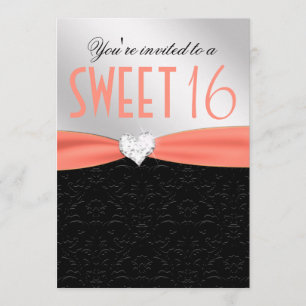 Peach and Black Floral Damask Diamond Heart Invitation