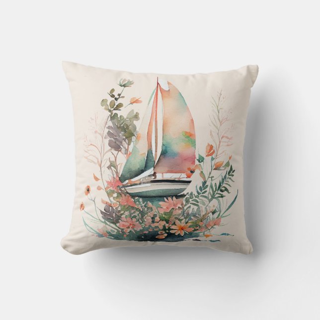 Peach and Black Sailboat Floral Throw Pillow (Front)