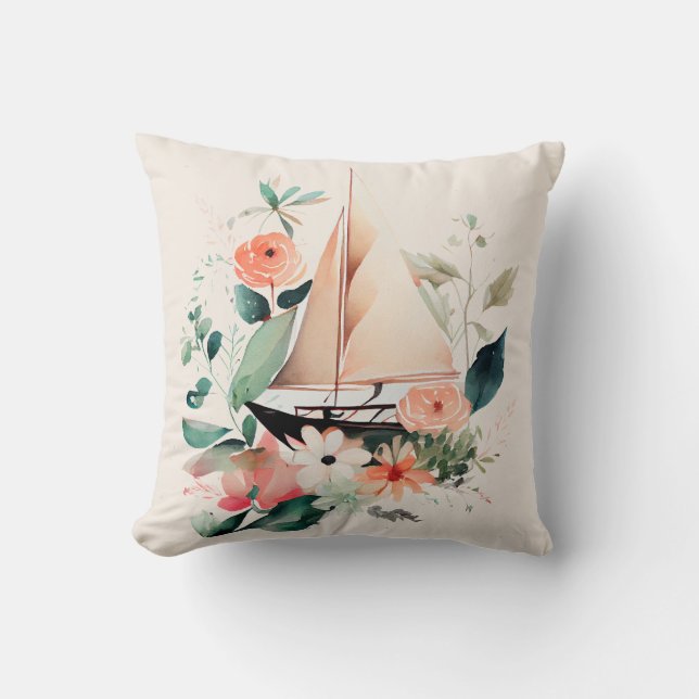 Peach and Black Sailboat Floral Throw Pillow (Front)