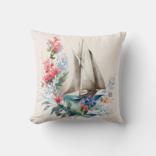 Peach and Black Sailboat Floral Throw Pillow (Front)
