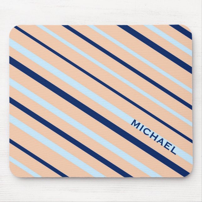 Peach and Blue Diagonal Striped Personalised Mouse Pad (Front)