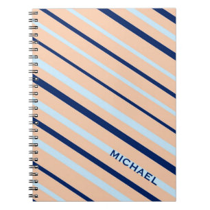 Peach and Blue Diagonal Striped Personalised Notebook