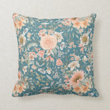 Peach and Blue Floral on Medium Teal Throw Pillow