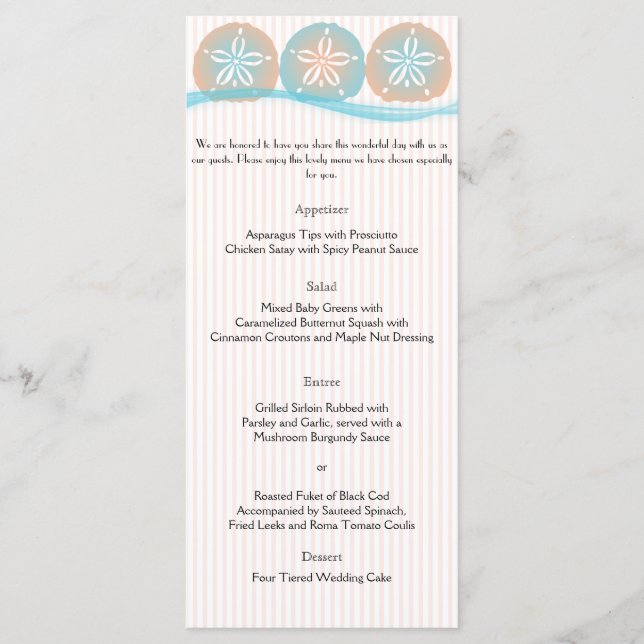 Peach and Blue Sand Dollars Beach Wedding Menu (Front)