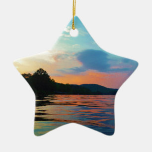 Peach and Blue Sunset on mountain Lake Ceramic Ornament