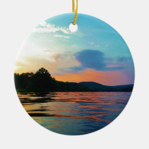 Peach and Blue Sunset on mountain Lake Ceramic Ornament