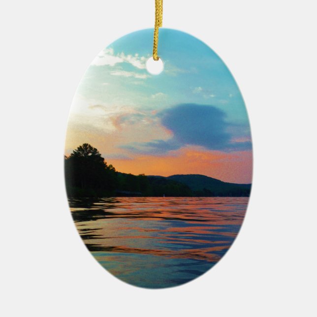 Peach and Blue Sunset on mountain Lake Ceramic Tree Decoration (Front)