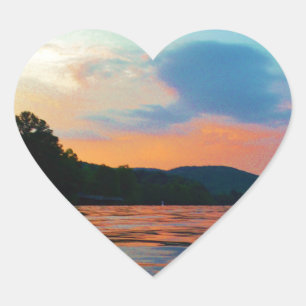 Peach and Blue Sunset on mountain Lake Heart Sticker