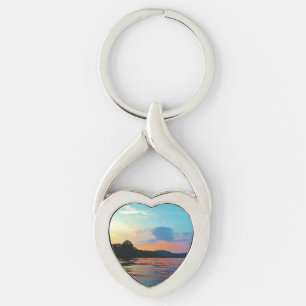 Peach and Blue Sunset on mountain Lake Key Ring
