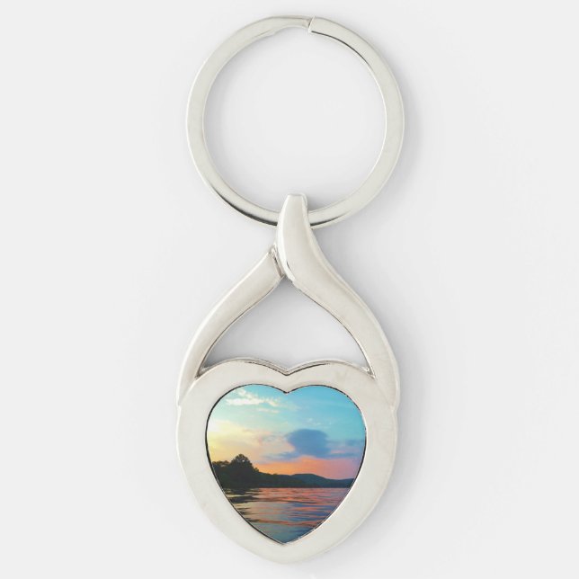 Peach and Blue Sunset on mountain Lake Key Ring (Front)