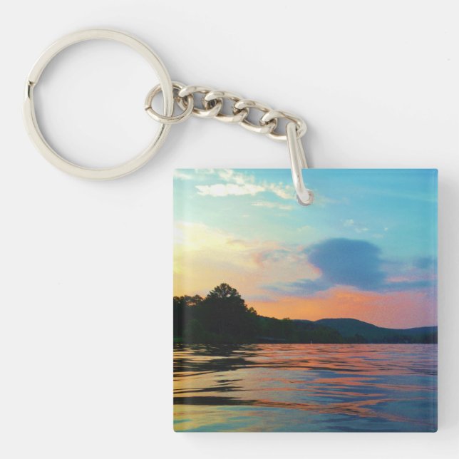 Peach and Blue Sunset on mountain Lake Key Ring (Front)