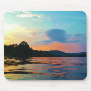 Peach and Blue Sunset on mountain Lake Mouse Pad