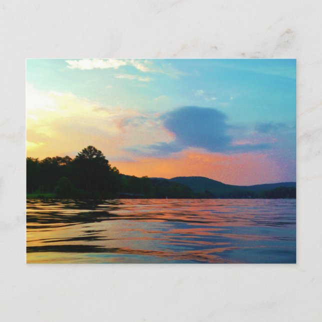 Peach and Blue Sunset on mountain Lake Postcard (Front)