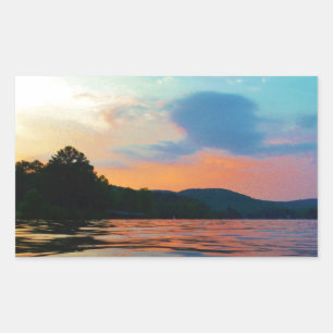 Peach and Blue Sunset on mountain Lake Rectangular Sticker