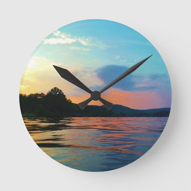 Peach and Blue Sunset on mountain Lake Round Clock (Front)