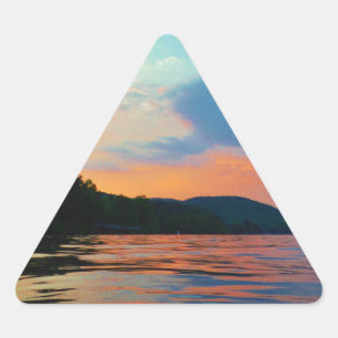 Peach and Blue Sunset on mountain Lake Triangle Sticker