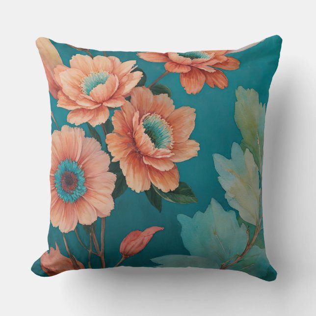 Peach and Blue Turquoise Floral Cushion (Front)