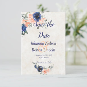Peach and blue watercolor floral save the date inv invitation