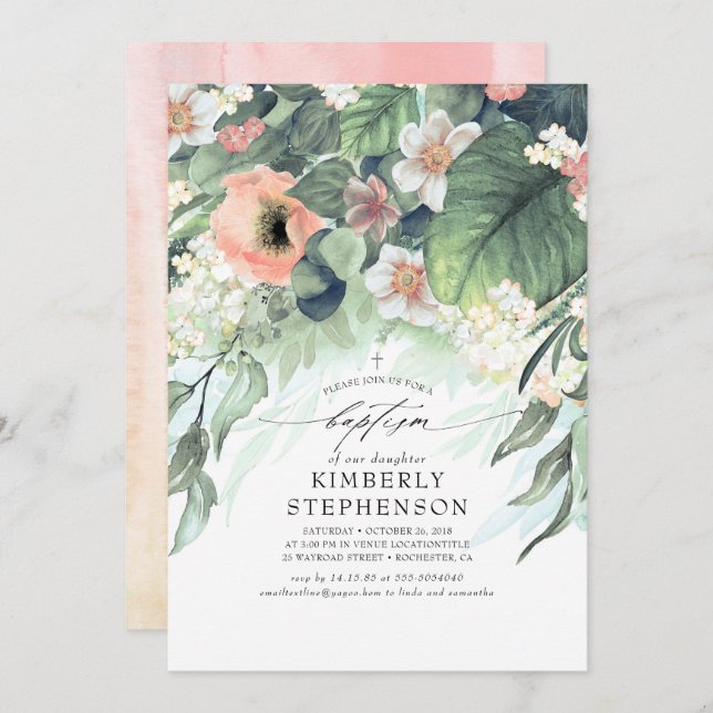 Peach and Blush Pink Floral Elegant Baptism Invitation (Front/Back)