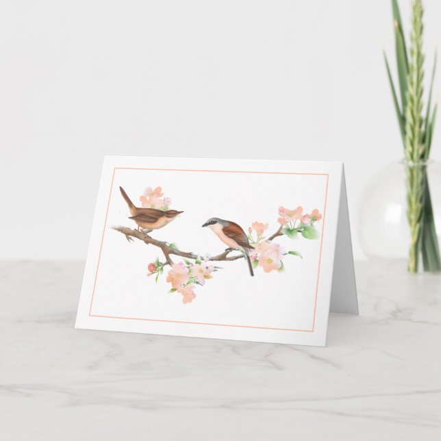 Peach and Brown Birds on an Appleblossom Branch Card (Front)