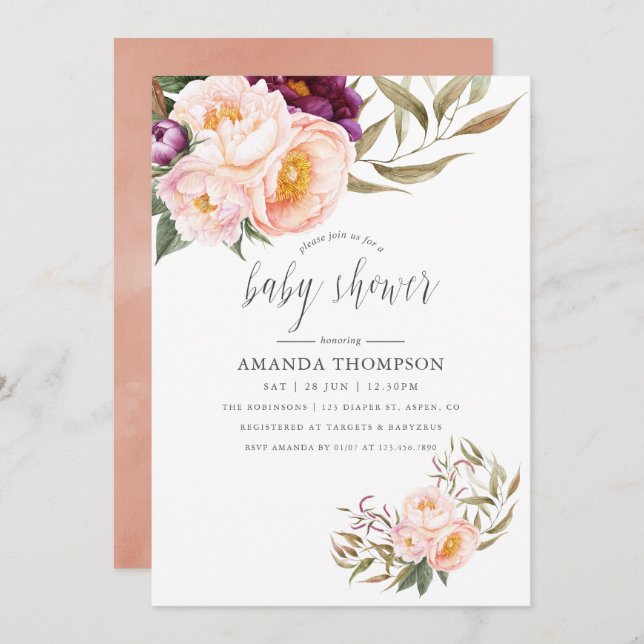 Peach and Burgundy Floral Baby Shower Invitation (Front/Back)