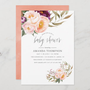 Peach and Burgundy Floral Baby Shower Invitation