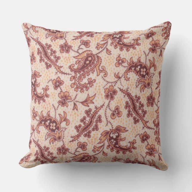Peach and Burgundy Paisley Floral Throw Pillow (Front)