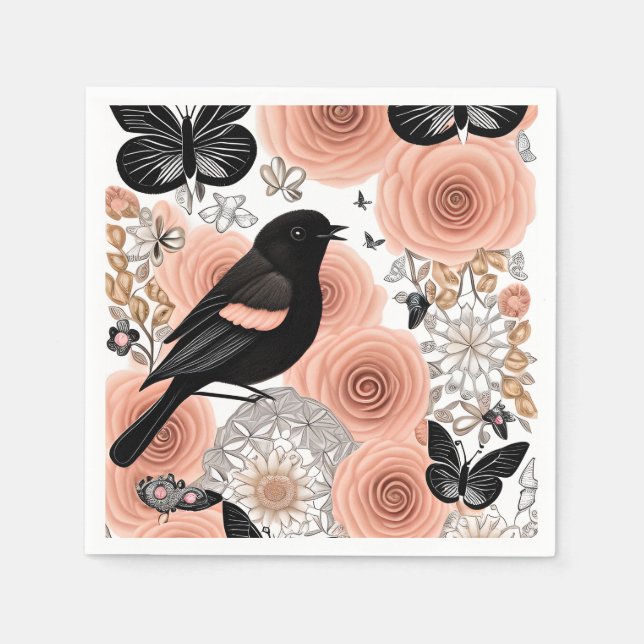 Peach and Charcoal Flowers, Robin and Butterflies Napkin (Front)