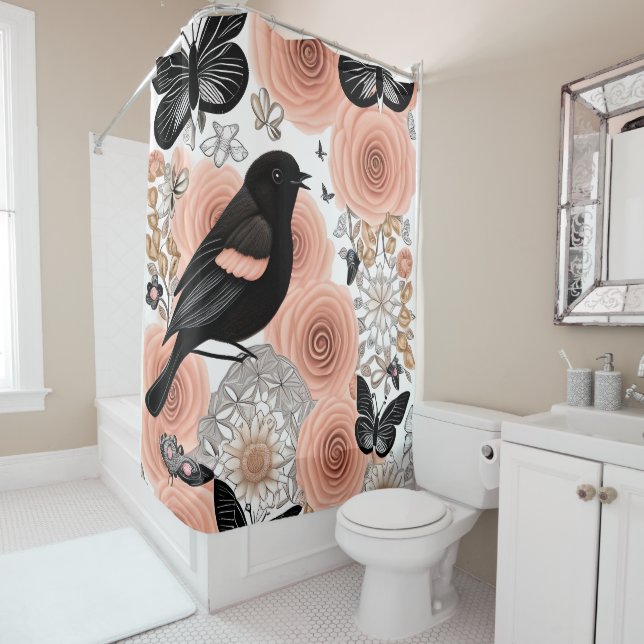 Peach and Charcoal Flowers, Robin and Butterflies Shower Curtain (In Situ)