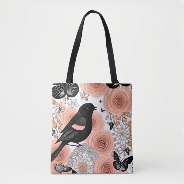Peach and Charcoal Flowers, Robin and Butterflies Tote Bag (Front)