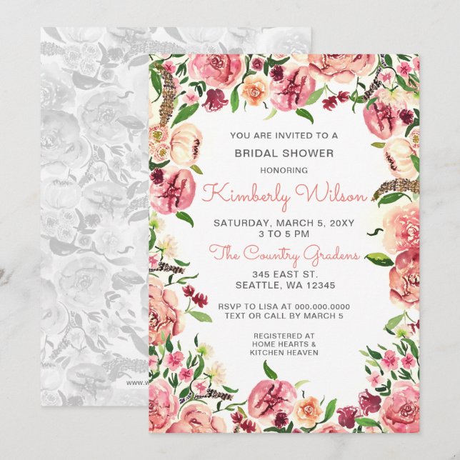 Peach and Coral Flowers Floral Bridal Shower Invitation (Front/Back)