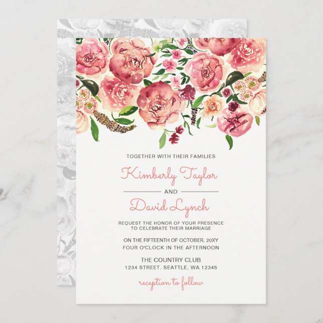Peach and Coral Flowers Floral wedding invitation (Front/Back)