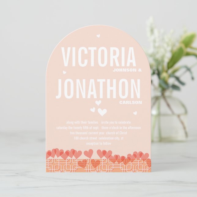 Peach and Coral Modern HeartsTypography Wedding Invitation (Standing Front)