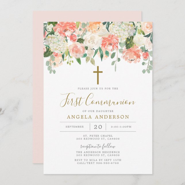 Peach and Cream First Communion Invitation (Front/Back)