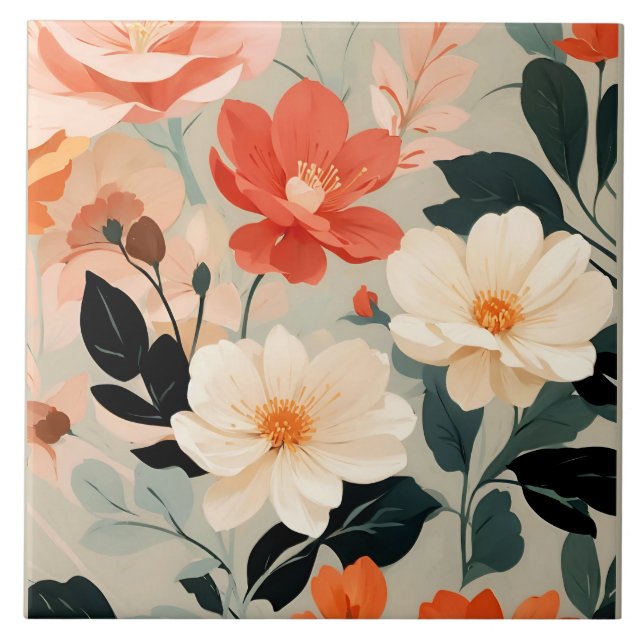 Peach and Cream floral blossoms Ceramic Tile (Front)